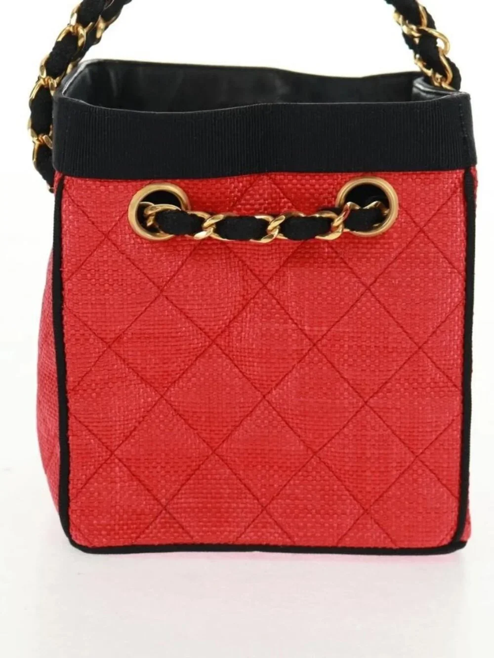 CHANEL Chain Hand Bag Raffia Red Gold CC Auth 162896V
